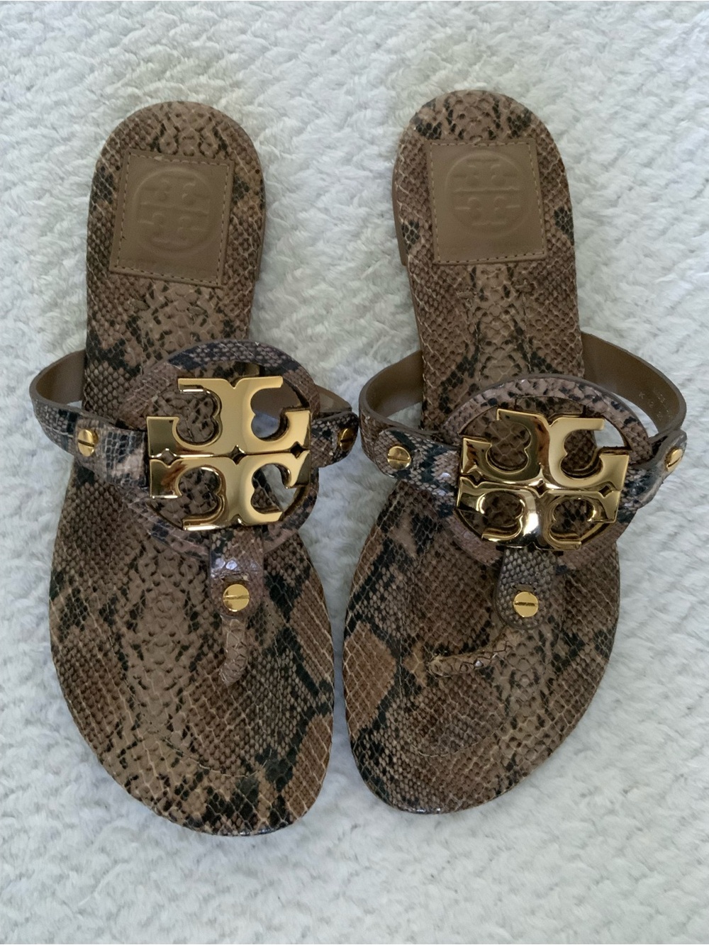 Tory Burch Miller Snake Embossed Leather Sandals - Picture 3 of 12
